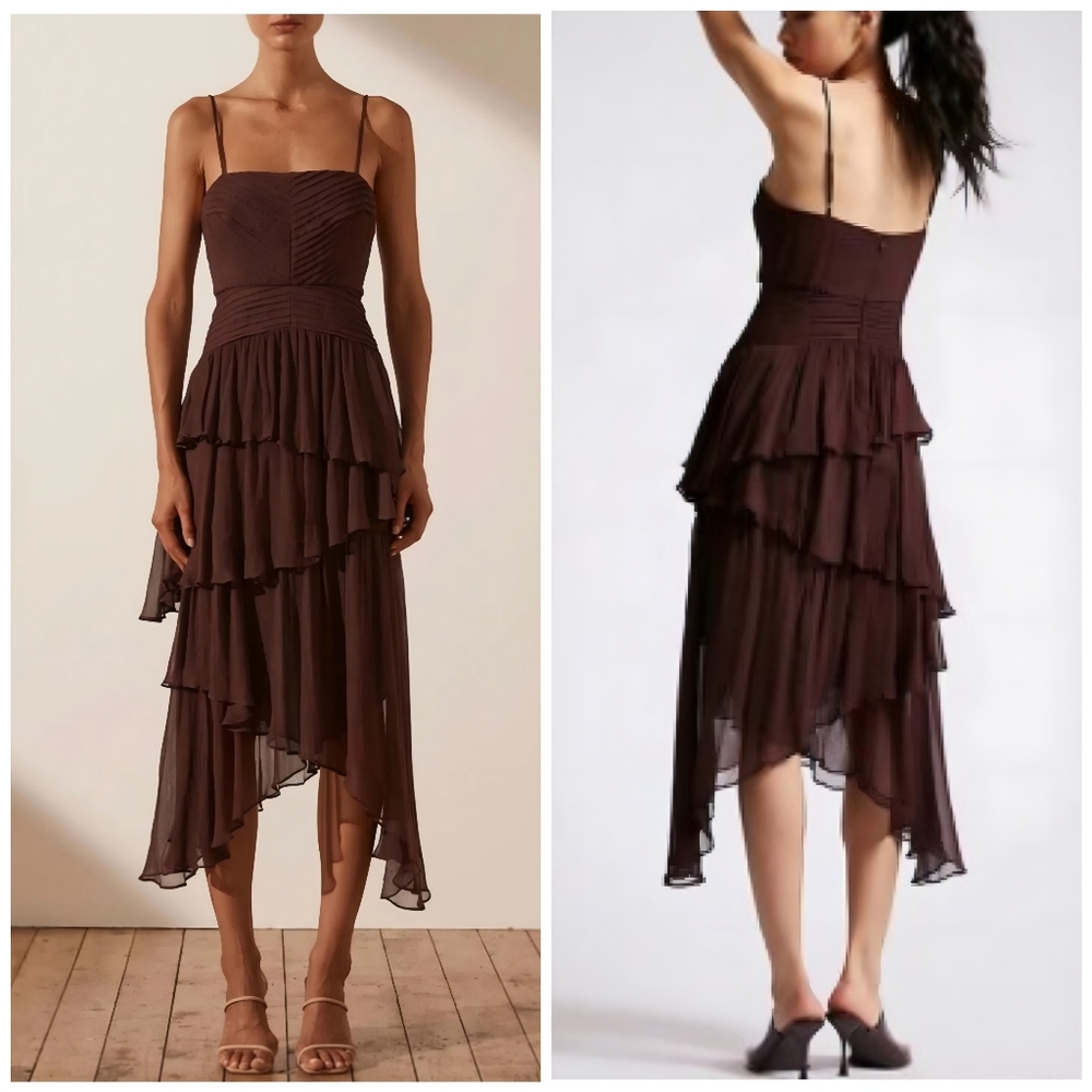 Shona Joy X Free People Pin Tuck Frill Olympia Brown Tiered Dress, 10 - Picture 3 of 12